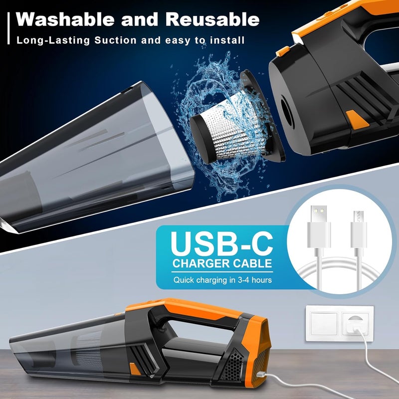 Blestan Car Vacuum Portable with LED Light, High Power Suction, Lightweight Rechargeable Hand Vacuum, Hand Held Vacuum Cleaner for Car Home Office, Pet Hair, Orange - Image 4
